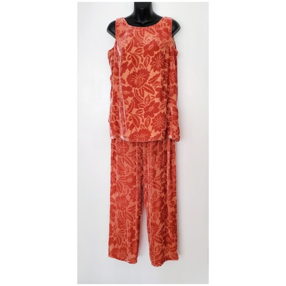 Magid Bernard Peach Silk 2-Pc Velvet Burnout Floral Vintage Chic Loungewear Sz S